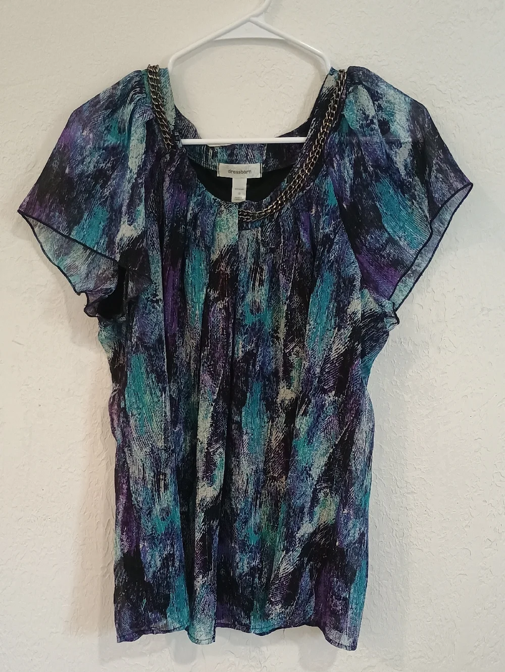 dressbarn Teal & Purple Chain-Trim Flutter Sleeve Blouse - Picture 1 of 9